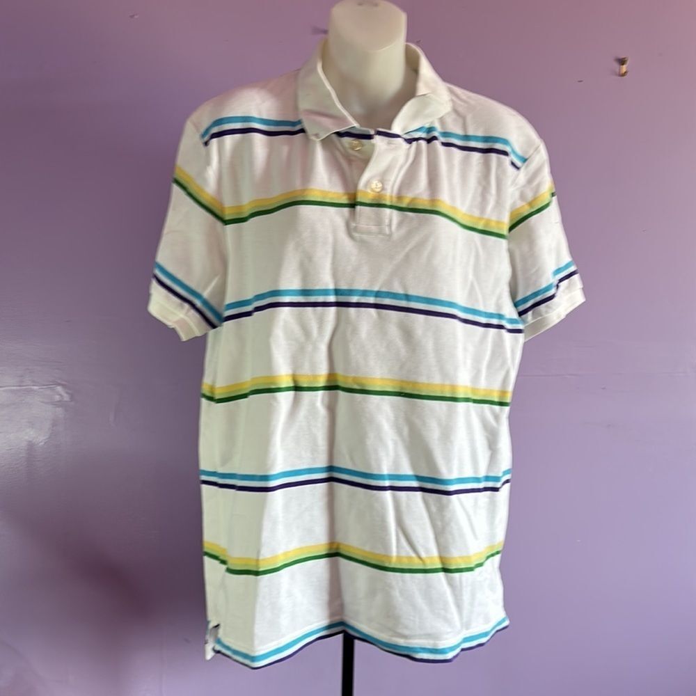 Old Navy Men's Size Large Polo Shirt White with Multicolored Stripes Casual